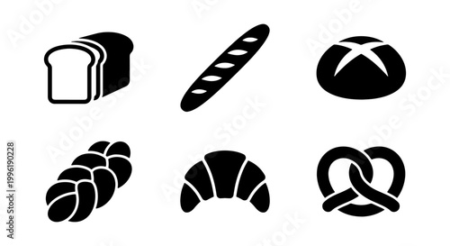 Schilderij op canvas Bakery bread icons set, black minimalist silhouettes of loaf, baguette, croissan