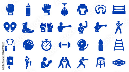 Collection of boxing and combat sports icons and symbols representing training equipment and fighting elements on a white background