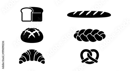 Bakery bread icons set, black minimalist silhouettes of baguette and croissant, 6 vector bakery product symbols for cafe menu design