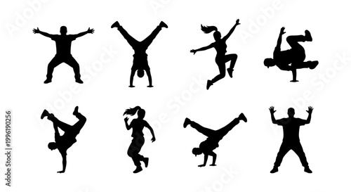 Breakdance silhouette collection, 8 street dance vector icons, hip hop dancers in action poses, urban acrobatic performers set