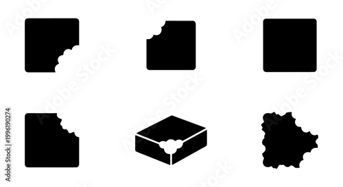 Minimalist chocolate bar icons set, black silhouette bitten chocolate squares, 6 vector elements for food packaging and confectionery branding