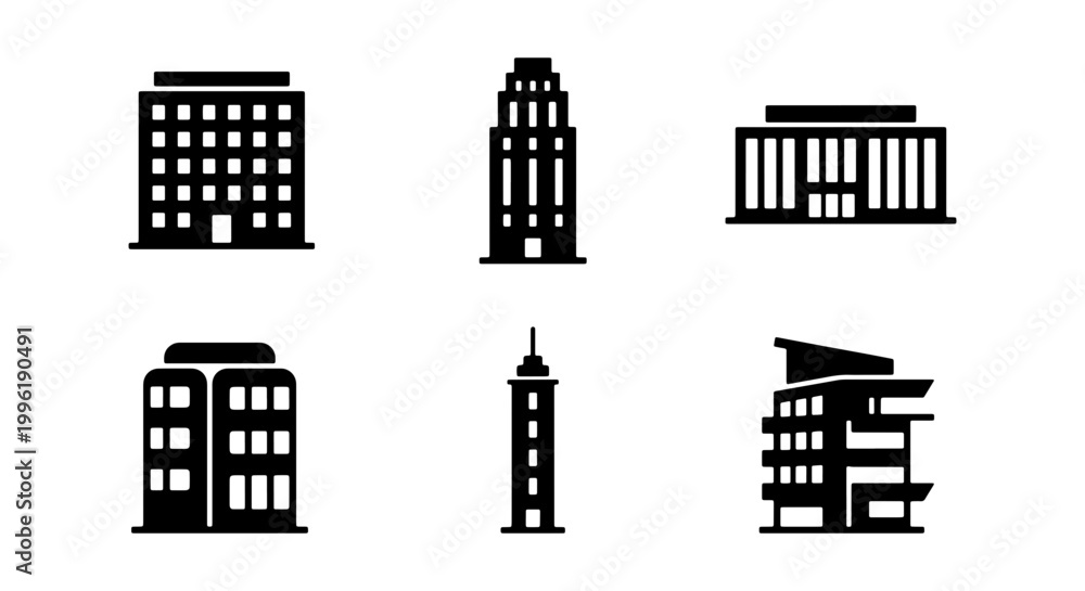 Naklejka premium Modern building icons set, black silhouette skyscraper and office architecture collection, 6 urban city construction vector elements for maps