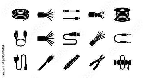 Electrical cable icons set, 15 black silhouette wire and connector symbols, industrial power cord and fiber optic vector elements for technical diagrams