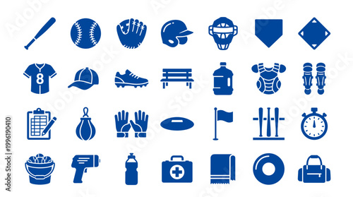 Collection of blue baseball equipment and accessories icons on a white background representing the sport and game