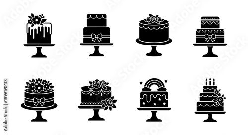 Black cake icons set, silhouette wedding cake collection with 8 vector elements, tiered birthday cakes on stands with flowers and rainbow