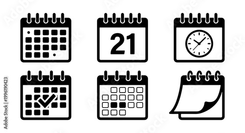 Minimalist calendar icon set, black and white schedule planning symbols, 6 vector business appointment and deadline management elements