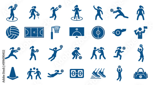 Collection of blue netball and basketball icons representing players actions equipment and court elements for sports graphics and design
