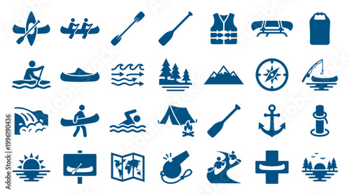 Collection of blue icons representing outdoor adventure and water sports activities like canoeing kayaking swimming camping and navigation for travel and leisure themes