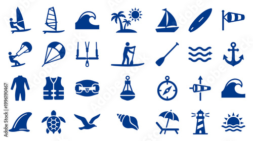 Collection of blue water sport and beach icons representing ocean activities and summer vacation symbols