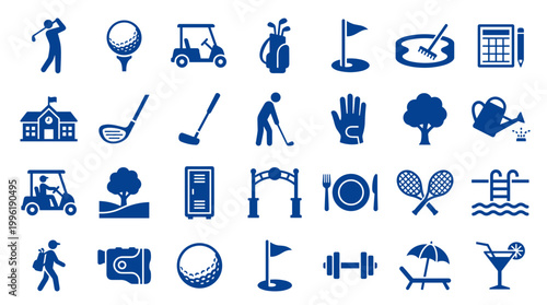 Fotografie Collection of blue golf icons representing various aspects of the sport and leis