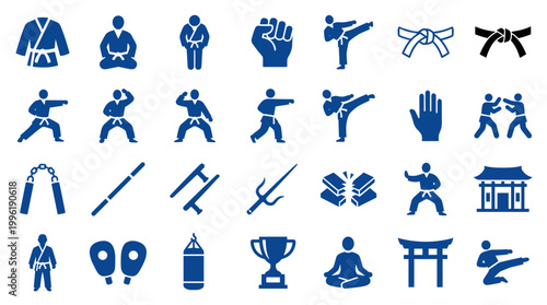 Collection of blue martial arts and combat sports icons representing various disciplines training and equipment for active lifestyle and healthy recreation
