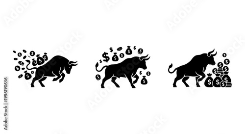 Bull market stock trading icons, financial bull silhouettes with money bags and dollar coins, set of 3 black vector illustrations for investment growth