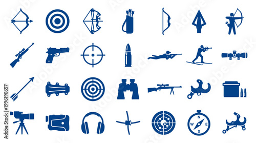 Collection of blue hunting and shooting sport icons representing archery firearms and targets for outdoor recreation and competition