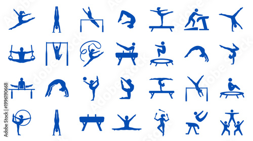 Collection of blue silhouette icons representing various gymnastics disciplines and athletic poses on a white background
