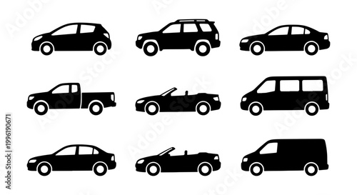 Automotive vehicle silhouette icons set, collection of 9 car body types including sedan, SUV, pickup truck, and van, black transport vector graphics