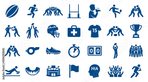 Collection of Rugby Icons Representing Game Elements Players Equipment and Actions