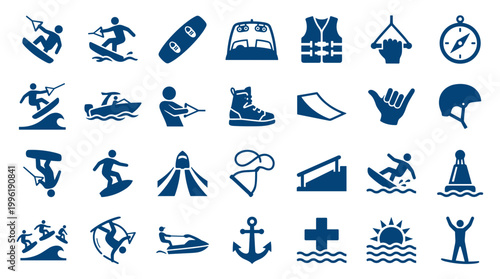 Collection of water sports icons and symbols representing various activities and equipment for marine recreation and adventure