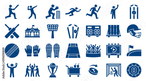 Collection of blue cricket sport icons representing various aspects of the game from players and equipment to stadium elements and scoring.