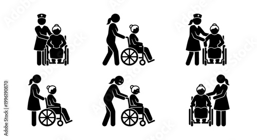 Elderly care pictograms showing nurse assisting senior in wheelchair, set of 6 black stick figure icons, geriatric healthcare and nursing home symbols