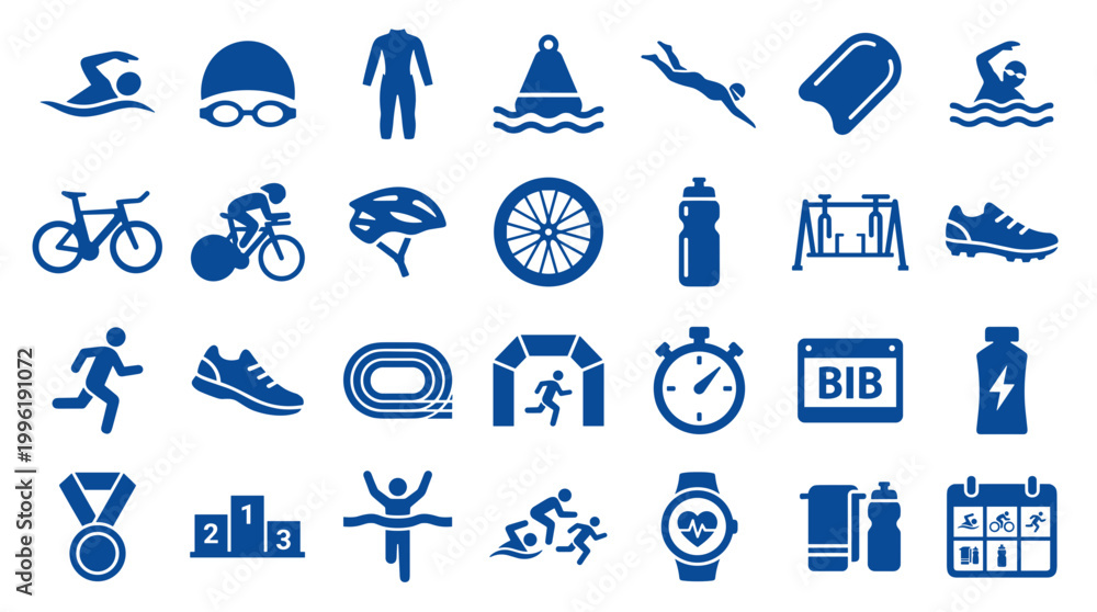 Fototapeta premium Collection of sports icons representing swimming cycling running and triathlon disciplines with equipment and awards for active lifestyle and fitness