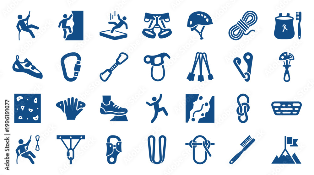 Αυτοκόλλητο Collection of blue climbing icons and symbols representing outdoor adventure spo