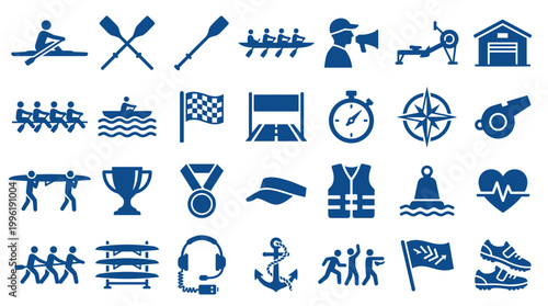 Collection of blue rowing and water sports icons representing competition training equipment and achievements in a clean graphic design