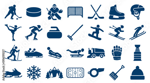 Collection of winter sports icons and symbols representing various athletic activities and equipment used in cold weather recreation and competition