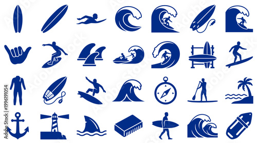 Collection of blue surfing and water sports icons on white background representing ocean activities and beach lifestyle