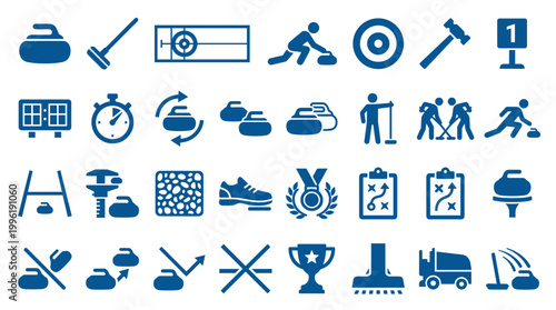 Collection of curling sport icons and symbols representing game elements equipment players and actions on ice for sports design and infographics