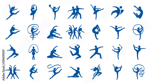 Collection of diverse blue silhouette icons representing various gymnastics and dance poses and movements, symbolizing fitness and athleticism