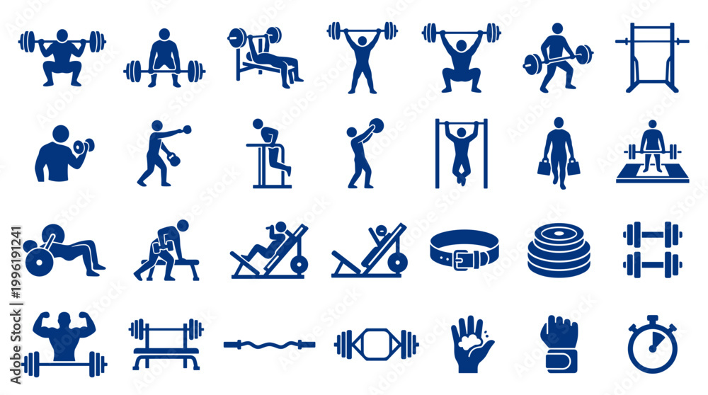 Fototapeta premium Collection of blue fitness icons representing weightlifting exercises gym equipment and bodybuilders for a healthy lifestyle and workout concept