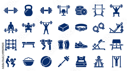 Collection of fitness and gym equipment icons representing strength training and bodybuilding exercises for a healthy lifestyle and athletic performance
