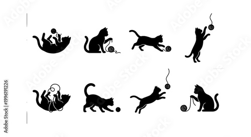 Black cat silhouette collection, 8 vector icons of playful kittens with yarn balls, feline pet animal silhouettes for logos and web design