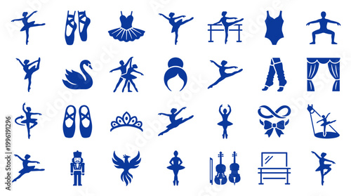 Collection of ballet icons and symbols representing dance art, performance, and elegance in blue on a white background