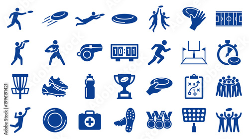 Collection of blue icons representing ultimate frisbee and sports equipment, including players, discs, field, and accessories