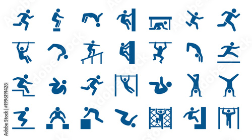 Collection of blue athletic icons representing various sports and fitness activities like running jumping gymnastics and parkour on a white background