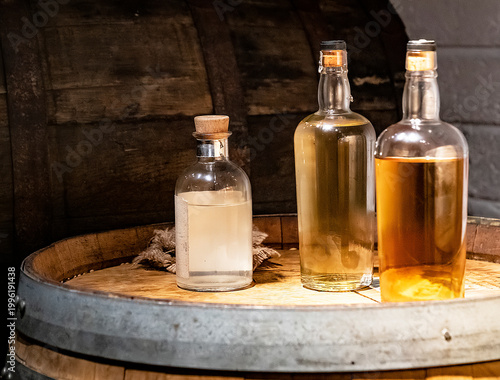 Photography Bottles of Irish Whiskey sitting on a wood barrel