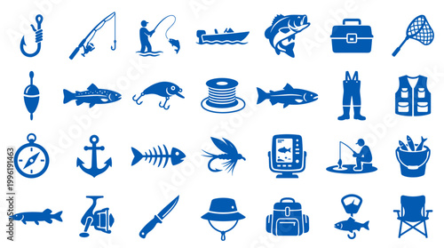 Collection of blue fishing icons and symbols representing various fishing equipment, activities, and aquatic life for outdoor recreation and hobbies