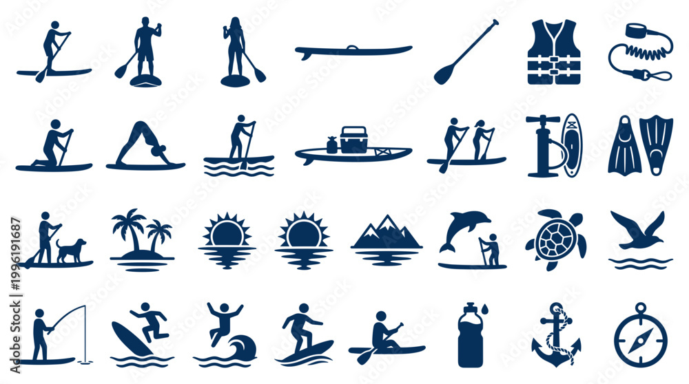 Obraz premium Collection of water sports and outdoor activity icons representing healthy lifestyle and summer recreation