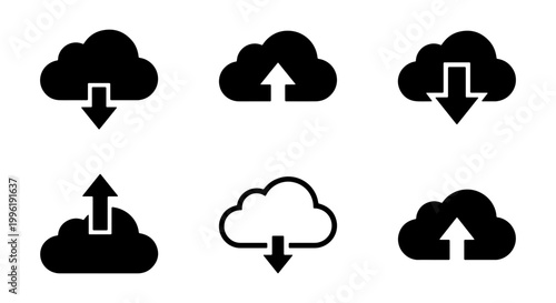 Cloud computing icon set with upload and download arrows, black minimalist data storage vector symbols, 6 web interface elements for hosting