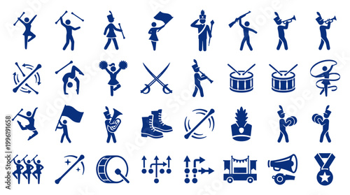 Marching band performance icons set with musicians dancers and instruments for music education and performance concepts