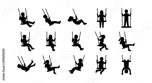 Children swinging silhouette set, 15 black vector icons of kids playing on swings, playground activity silhouettes for park and childhood designs