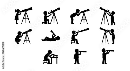 Astronomy kids silhouette collection, 11 children using telescopes and binoculars, little astronomers exploring space and stars, vector set