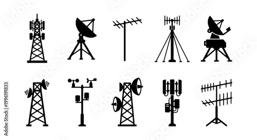 Telecommunication tower icons set, 10 black radio antenna silhouettes, satellite dish and cell phone mast vector collection for network infrastructure