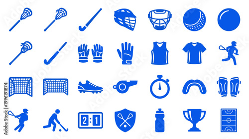 Collection of blue sport icons representing various athletic equipment, players, and game elements on a white background, perfect for sports websites and design projects.