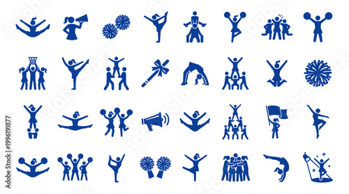 Cheerleading and Gymnastics Icons Set Blue Silhouettes Representing Sports Activities and Teamwork