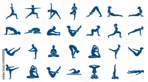 Diverse collection of blue yoga poses and fitness silhouettes representing healthy lifestyle and wellness activities