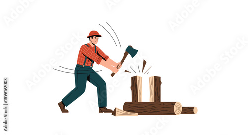 Strong lumberjack in a red plaid shirt and blue overalls swinging a heavy axe to split large logs in a forest clearing for firewood.