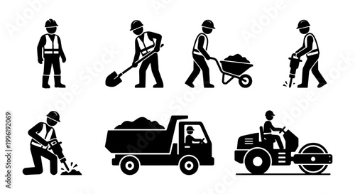 Construction worker silhouette icons, road work and building site laborers set, industrial machinery and heavy equipment vector illustrations