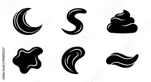 Black cosmetic cream smears and liquid texture icons, set of 6 skincare product swatches, thick gel and lotion dollops in vector format